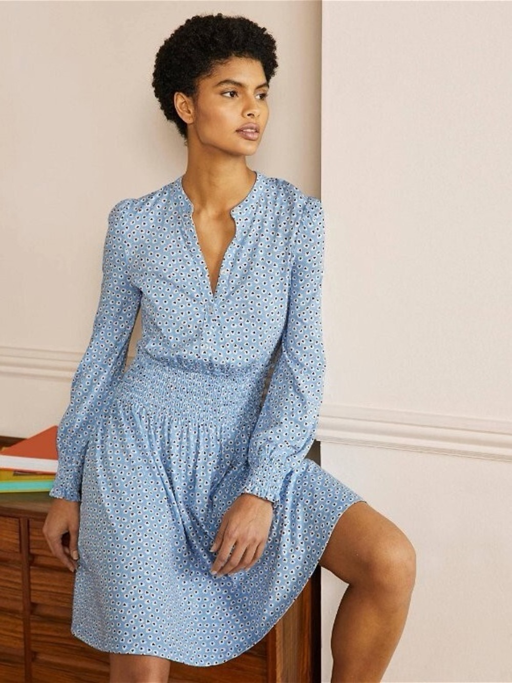 Boden Women Light Blue Floral Long-Sleeve Smocked-Waist Jersey Shirt Dress 2P
